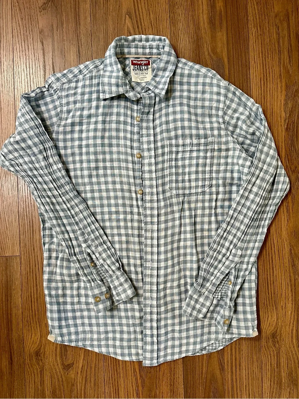 100% Cotton, Oversized Wrangler Blue & White Plaid Button-Up - Picture 2 of 4